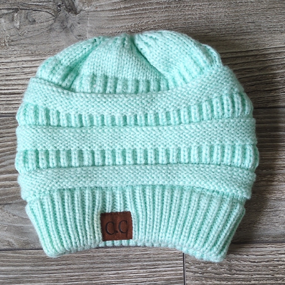 CC Mint Green Knit Beanie with Leather Logo Patch